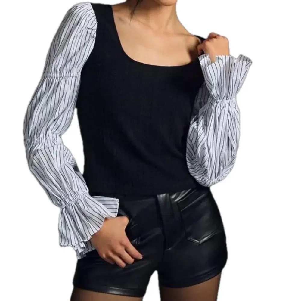 ANTHROPOLOGIE HUTCH Medium Layered Bubble Sleeve Sweater Black White Pinstripe